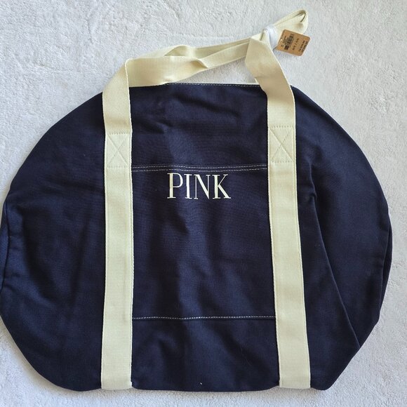 NWT VS PINK navy blue/cream duffel with PINK Logos - Picture 2 of 3